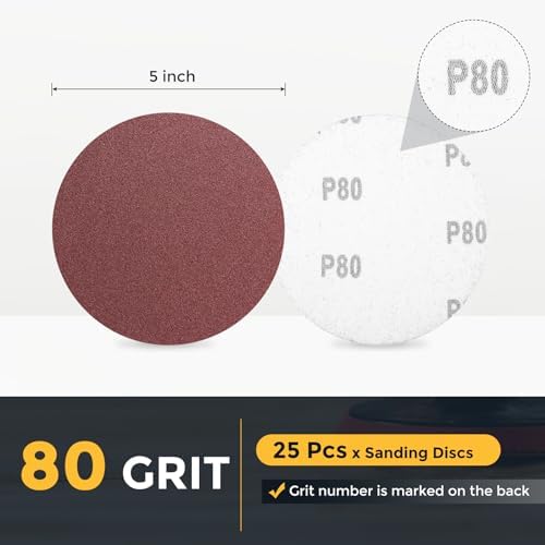 HARFINGTON 25 Pcs 5 Inch Sanding Discs 80 Grit Red Aluminum Oxide
