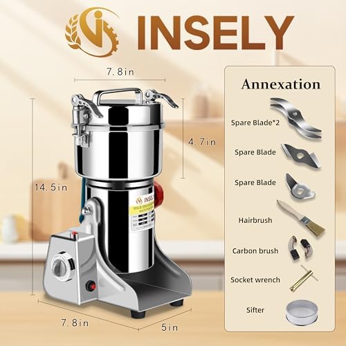 Grain Mill 750g, flour mill grinder for home, Electric Stainless Steel Grain Grinder for Wheat, Spices, coffee,Corn and Other Dry Food Grinders for Kitchen