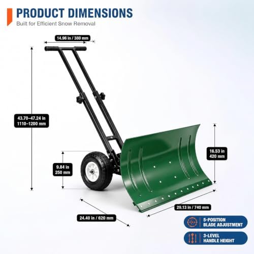 GarveeLife Wheeled Snow Shovel - 29in Steel Blade, 10in Wheels Green/Black