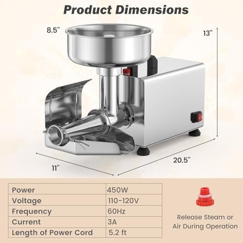 COSTWAY 450W Electric Tomato Strainer Machine, 110-120V Commercial Grade Stainless Steel Saucer Maker, 200-350 lbs/h Food Milling Machine for Strawberry Blueberry Jam
