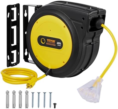 VEVOR Retractable Extension Cord Reel, 65 FT, Heavy Duty 12AWG/3C SJTOW Retractable Power Cord with Lighted Triple Tap Outlet, 15 Amp Circuit Breaker 180° Swivel Bracket for Ceiling or Wall Mount
