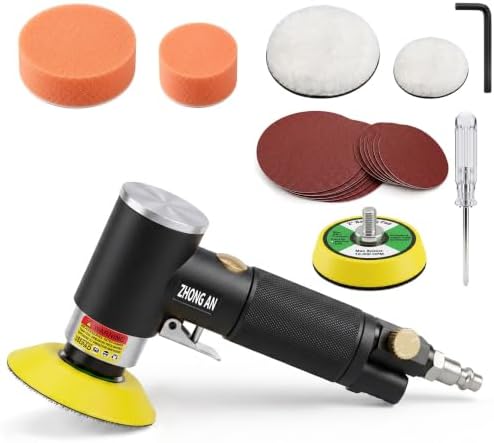 2 & 3 Inch Random Orbital Air Sander, 13,000 RPM Pneumatic DA Mini Sander with Polishing Buffing Pads and Sanding Discs, Air Polisher Tool for Auto Detailing, Narrow and Small Area Polishing, Black