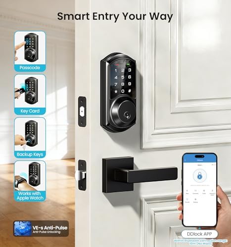 Veise VE06-L Smart Deadbolt Lock with 2 Lever Handle Set, Matte Black | App & Fob Control, Electronic Digital Touchscreen Keypad, Remote Access Sharing, Keyless Entry for Front Door, Auto Lock