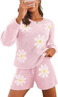 Ekouaer Fuzzy Fleece Pajamas 2 Piece Warm Soft Lounge Set Long Sleeve Sweater Top and Shorts Loungewear Outfits Sweatsuits