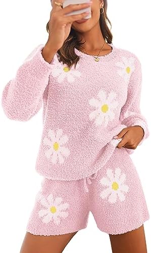 Ekouaer Fuzzy Fleece Pajamas 2 Piece Warm Soft Lounge Set Long Sleeve Sweater Top and Shorts Loungewear Outfits Sweatsuits