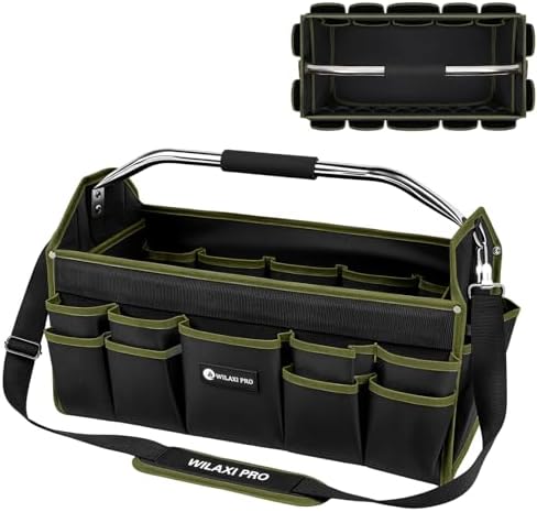 20in Foldable Open Top Tool Bags For Men Heavy Duty, Tool Carrier hard With Handle, Wide Mouth Electrician Tool Tote, Many Pockets Can Hold Many Tool, Green