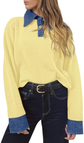 Saodimallsu Womens Denim Patchwork Sweaters V Neck Polo Pullover Tops