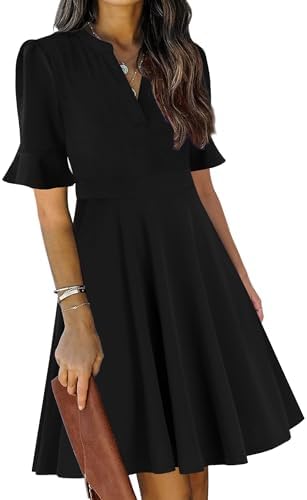 Mokayee Womens Summer V Neck Ruffle Short Sleeve Fit and Flare Knee Length Church Wedding Guest Dresses with Pockets