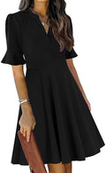 Mokayee Womens Summer V Neck Ruffle Short Sleeve Fit and Flare Knee Length Church Wedding Guest Dresses with Pockets
