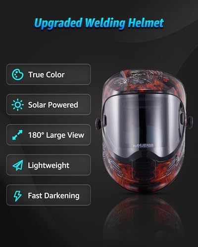 MANUSAGE Panoramic View Welding Helmet Auto Darkening, Welding Hood with 4 Arc Sensor Solar Power, True Color Shade 5-8 and 9-13 Idear for TIG MIG ARC, Adjustable Delay and Sense (E980S Decor)
