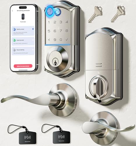 Veise VE017-L Fingerprint Smart Lock with 2 Lever Handle Set, Satin Nickel | App Control, Remote Access Sharing, Key Fob, Auto Lock, Backlit Touchscreen Keypad Deadbolt, IP55 Waterproof, for Front Door