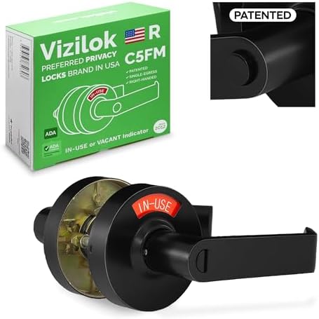 VIZILOK ADA Compliant, Single Egress Indicator Privacy Lock C5FM-R Durable ANSI Grade 2 Comp Commercial Right Handed Non Reversible in-Use or Vacant Push Button Lever - Matte Black