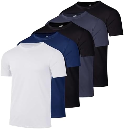 5 Pack Men's Dry Fit Workout T Shirts Crew Neck Athletic Gym Running Tees