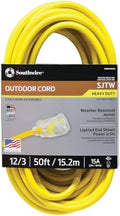 Southwire Outdoor Extension Cord – Durable Vinyl Jacket for For Farm, Ranch & Workshop - Lighted End With Reinforced Blades - SJTW, Yellow - 12 Gauge, 3 Prong - 50 Feet
