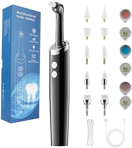 Tooth Polisher Plaque Remover for Teeth, Whitening Kit with 10 Brush Heads & 6 Polishing Pastes, 5 Smart Modes to Effectively Remove Stains, Yellowing and Plaque, Rechargeable, Black