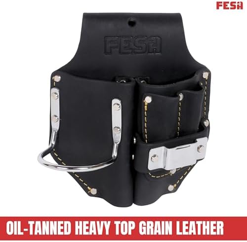 FESA Durable Leather Pliers Holster - Leather Double Plier Holder for Belt with Steel Hammer Holder, Tape Clip & 2 Carpenter's Pencil Pockets - Clip On Any Belt - Handcrafted