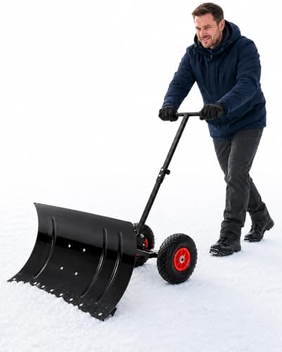 Snow Shovel with Wheels, for Efficient Snow Removal (Single Bar - Black)