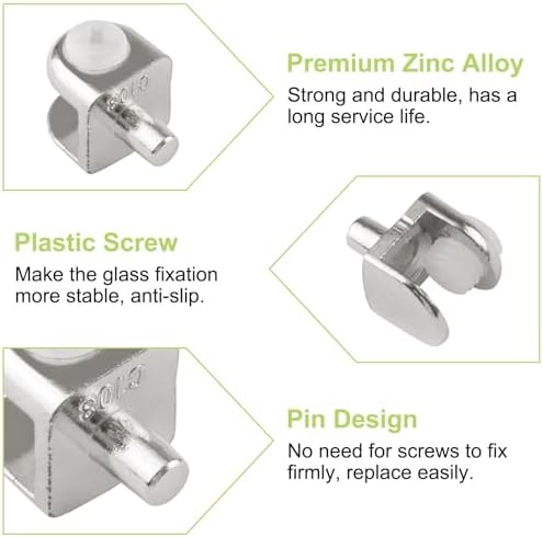 Adjustable Glass Shelf Bracket Pegs 40Pcs Zinc Alloy Frameless Glass Shelf Holder Half Round Cabinet Clamp with Pin Wall Mounted Clips for 4-8mm Glasses (Brushed White)