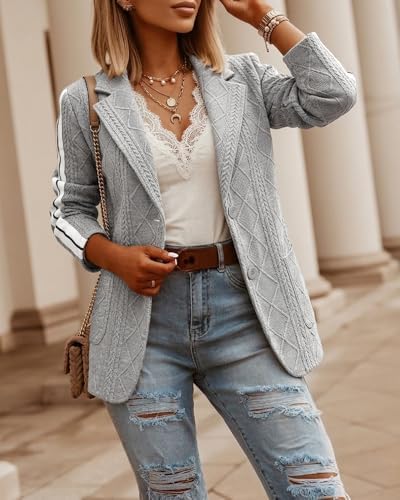 CHICME Women's Argyle Cable Jacquard Tape Sleeve Button Work Travel Blazer