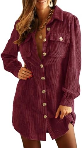 Alaster Queen Women's Corduroy Long Sleeve Button Work Tunic Short Dresses