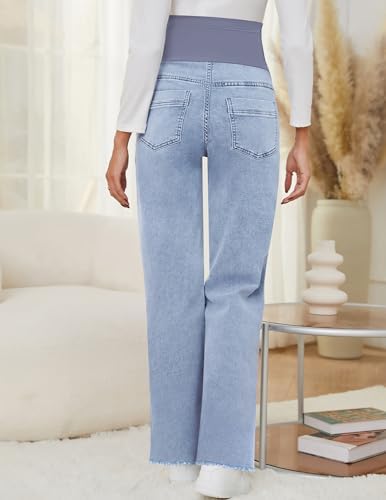 fitglam Women's Maternity Jeans Straight Leg Relaxed Fit Over Belly Pregnancy Denim Work Pants Maternity Clothes with Pockets