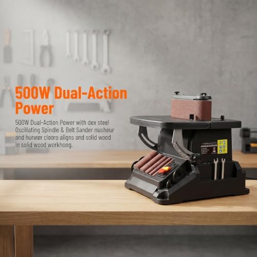 500W 2-in-1 Vertical Oscillating Spindle & Belt Sander, 58 OPM, 5 Sanding Sleeves, 4x24 Belt, Adjustable Table Woodworking