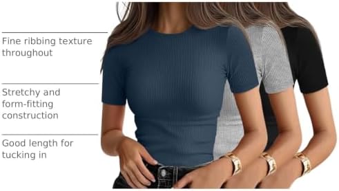 Ficerd 3 Pack Women's Ribbed Short Sleeve T-Shirts