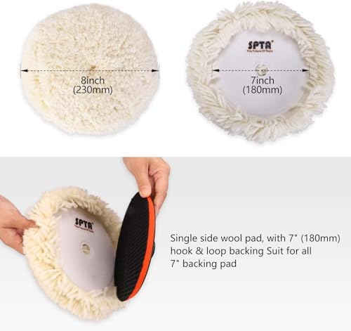 SPTA Wool Polishing Pads, 8"(200mm) 100% Natural Wool Buffing Pad with Hook & Loop Backing 4pcs Set Come with 5/8-11 Thread Backing Plate for Car Polishing, Buffing and Cutting