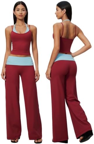 QBGJTD Womens Workout Sets Two Piece Striped Tank Top Wide Leg Yoga Pants Yoga Pilates Outfits