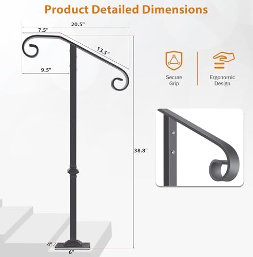 Wrought Iron Handrail 38.8" H, Single Post Handrail Fits 1 or 2 Steps | Sturdy Outdoor Stair Railing for Concrete&Wooden Steps with Base, Stair Handrails, Grab Rail for Steps Porch, Gray