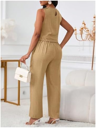 Floerns Women's 2 Piece Sets Dressy Outfits Bussiness casual Crew Neck Sleeveless Blouse and Elegant Pants Set