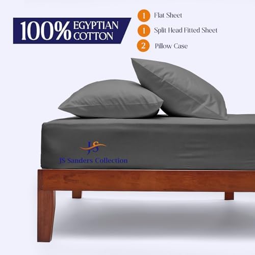 JS Sanders Collection 600TC Flex Top Queen Sheets for Sleep Number Bed - 100% Cotton 4 Pcs Top Split Queen Sheets for Adjustable Bed Queen 36 Inch Down Dark Grey -18 Inch Deep