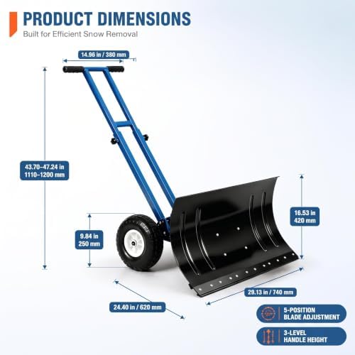 GarveeLife Wheeled Snow Shovel - 29in Steel Blade, 10in Wheels Deep Blue