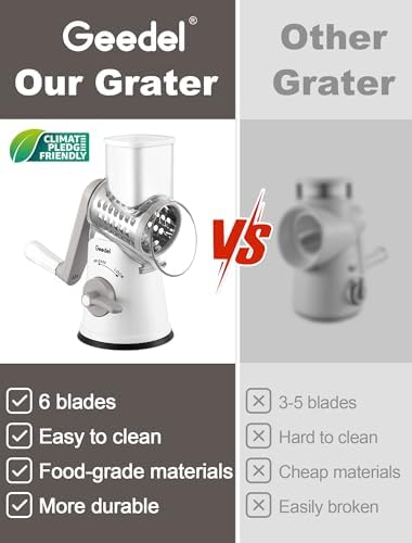 Geedel Rotary Cheese Grater Vegetable Shredder With 6 Interchangeable Blades No Slip Suction Base, Mandoline Slicer & Food Chopper for Cheese, Ice, Nuts, Vegetables, Veggie