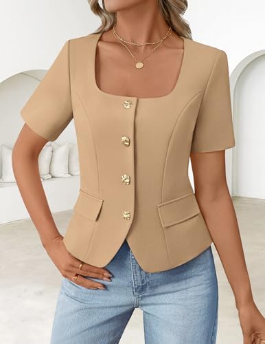 ZESICA Womens Summer Vest Top Short Sleeve Blouse Suit Blazer Work Outfits