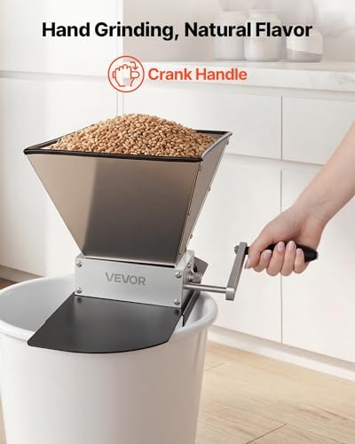 VEVOR Manual Grain Mill, Homebrew Malt Grinder, Adjustable Barley Mill Crusher for Wheat Beer Brewing - with 2 Stainless Steel Rollers, 1.06 Gallon Hopper & Metal Base Plate