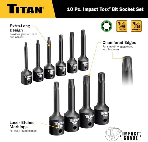 Titan 49007 10-Piece Impact Torx Bit Socket Set, Sizes T10 thru T50, S2 and 6150 Alloy Steel, Extra-long Design for Greater Reach and Access, Metal Storage Rail