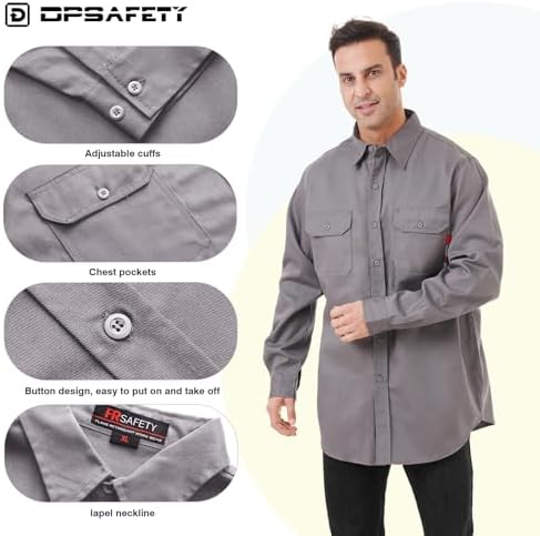 FR Shirt 7oz Fire Resistant Shirts Men's,CAT2 Welding Shirt 100% Cotton Flame Resistant Shirts Gray (3X-Large)