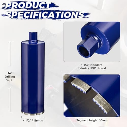 4-1/2 Inch Core Drill Bit for Concrete with Rebar - 14" Depth, Wet Use, 1-1/4"-7 UNC, Upgraded Welded Teeth for Brick, Block, Masonry, Stucco, Alsphalt - Great for DIY & Pros (116mm)