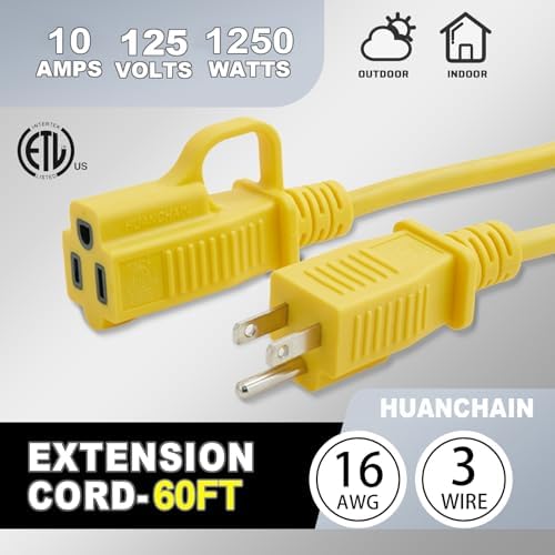 HUANCHAIN Indoor Outdoor Yellow Extension Cord 60 FT Waterproof 16/3 Gauge