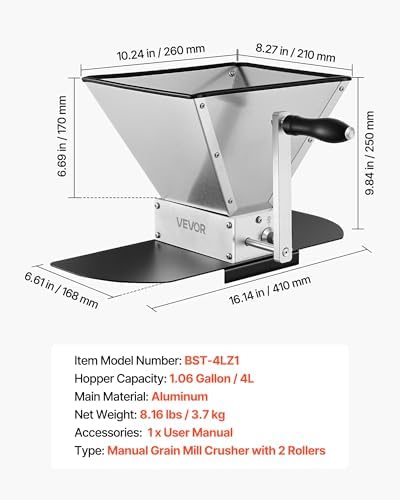 VEVOR Manual Grain Mill, Homebrew Malt Grinder, Adjustable Barley Mill Crusher for Wheat Beer Brewing - with 2 Stainless Steel Rollers, 1.06 Gallon Hopper & Metal Base Plate