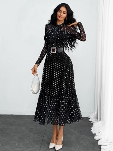 GothDark Polka dot Dress for Women Tie Neck Bow Ruffle Fall Vintage Dress