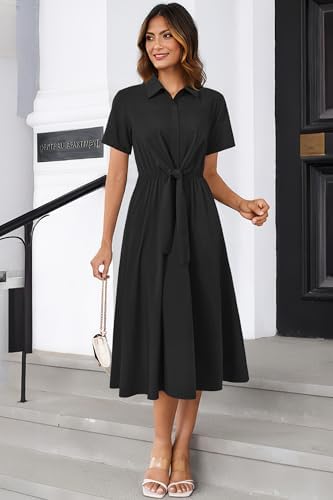 Newshows Women's Work Business Casual Outfits Tie Waist Midi Shirt Dress