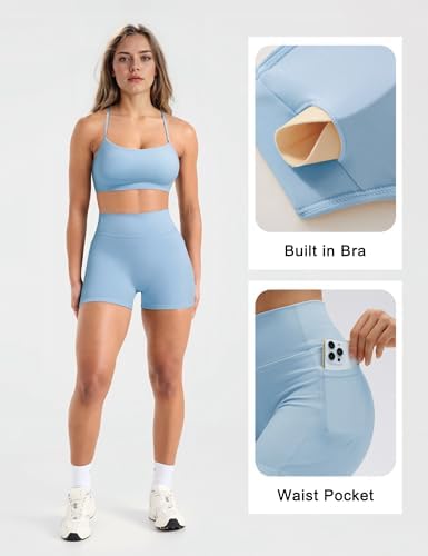 SUUKSESS Women 2 Piece Workout Sets Padded Halter Sports Bras High Waisted Biker Shorts with Pockets