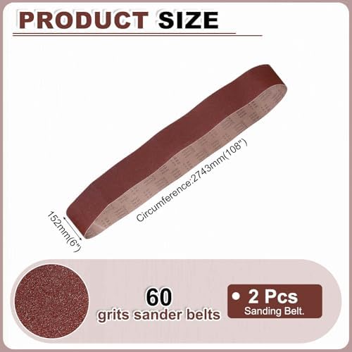 HARFINGTON 6 x 108 Inch Sanding Belts, 2 Pcs 60 Grits Aluminum Oxide Abrasive Belt Sander File Belt for Woodworking, Metal Polishing, Knife Sharpener