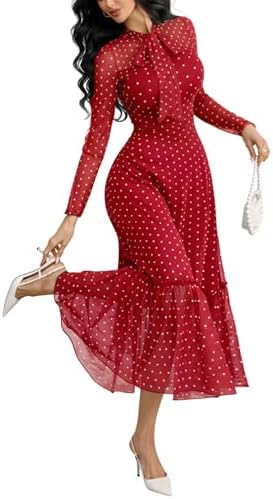 GothDark Polka dot Dress for Women Tie Neck Bow Ruffle Fall Vintage Dress