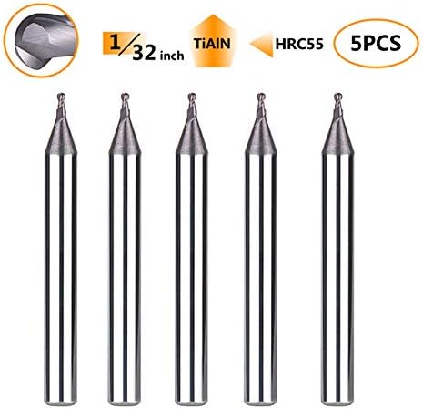 SpeTool 5Pcs Carbide Ball Nose End Mills with TiAlN Coated , 1/32 inch Cutting Diameter , 1/8 inch Shank , Up Cut Spiral Router Bits CNC End Mill Set for Metal Steels Engraving