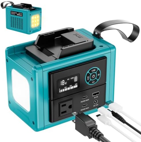 Ecarke 350W Power Inverter Compatible with Makita 18V Battery (Tool Only), DC to AC 110V Power Station: 2x70W USB-C Fast Charger, AC, USB-A, 12V DC, 800lm LED & Display – Camping, Job Site, Emergency