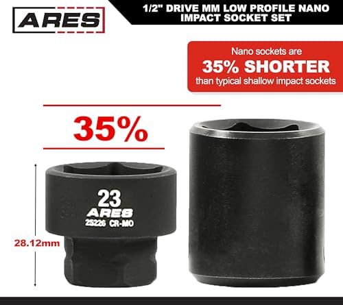 ARES 29020 15-Pc 1/2in Metric Nano Sockets, Low Profile, w/Rail | Sizes 10-24mm, chrome moly steel, corrosion-resistant coating, locking aluminum rail. For tight engine bays and brake jobs.
