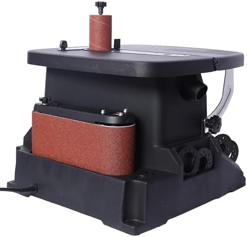 Oscillating Spindle Sander & Belt Sander, 2 in 1 Woodworking Machine, 500W Motor, 5/8" Stroke, 5 Sleeves & 4" X 24" Belt, 0-45° Tilting Table